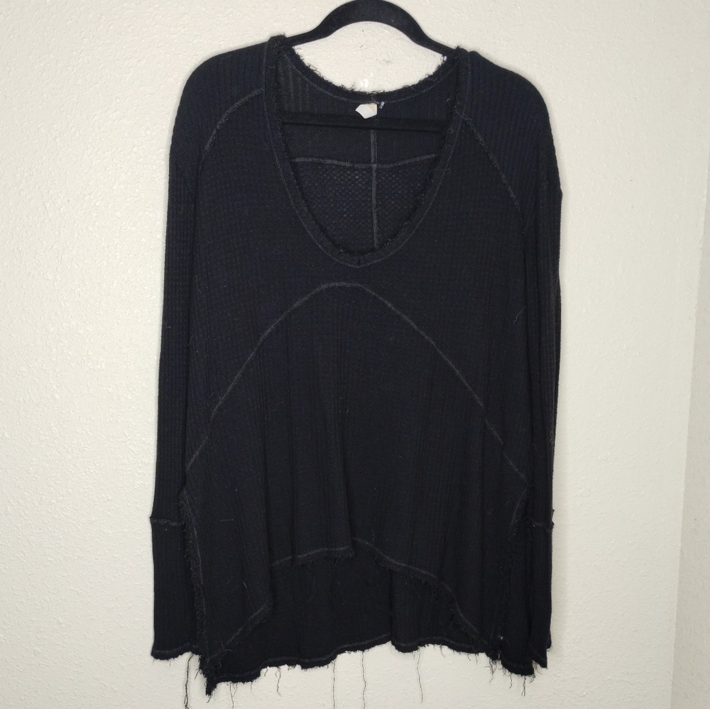 Free People Black Waffle Knit Long Sleeve Raw Hem Shirt Size XS